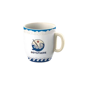Mug blanc avec motif vagues et logo odysphere.