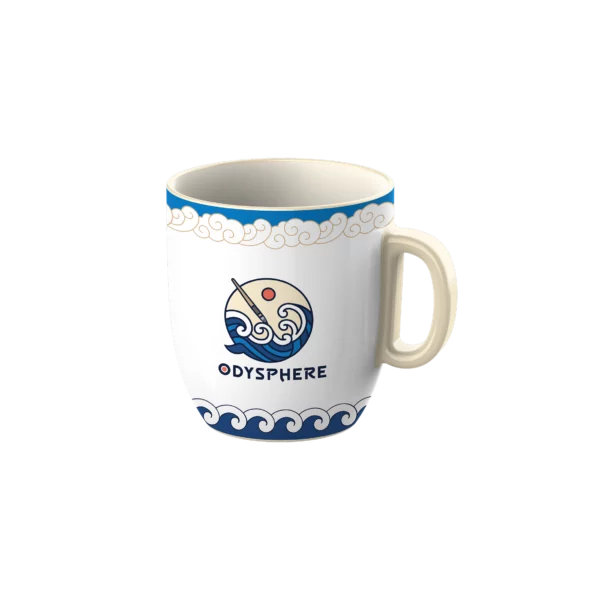 Mug blanc avec motif vagues et logo odysphere.