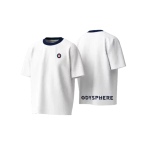 T-shirt blanc avec logo minimaliste et écriture au dos.