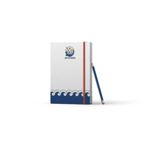 Cahier de dessin blanc avec logo odysphere en couverture.