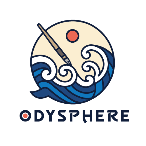 Logo rond avec motif de vagues en nuances de bleu et beige.