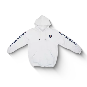 Sweat-shirt blanc avec lettrage odysphere et logo épuré.