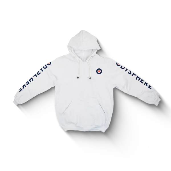 Sweat-shirt blanc avec lettrage odysphere et logo épuré.