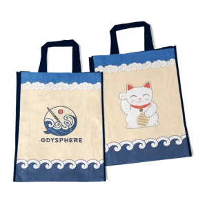 Tote bag avec logo odysphere et un motif de chat.
