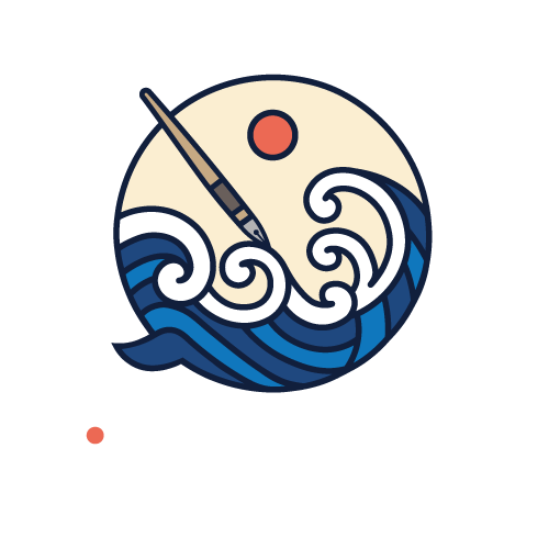 Logo rond avec motif de vagues en nuances de blanc et orange.